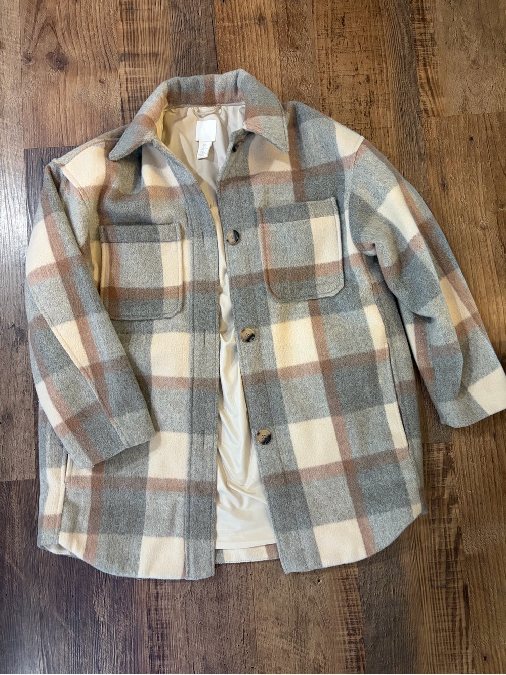 H&M Women's Plaid Shirt Jacket in Gray, Cream & Brown